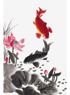 鲤鱼挂画 手绘连年有鱼画 年年有余装饰画 中式水墨双鱼图送礼画