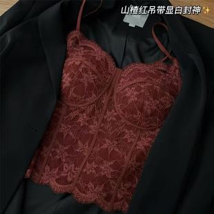 法式6100蕾丝背心内搭可外文胸打底胸垫一体美背吊带内衣上衣修身