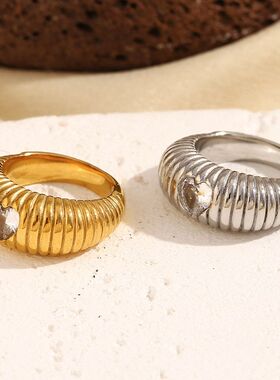 螺纹不锈钢设计金长戒指18欧美