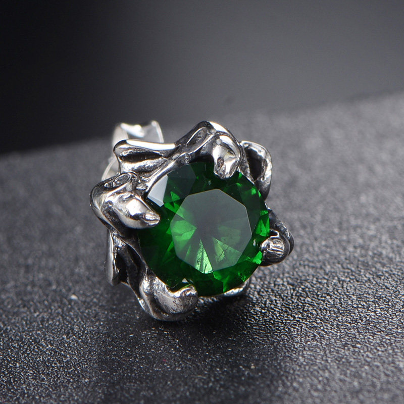 银の曼925银男士耳钉纯银耳饰单只绿色潮男耳环日韩耳钉男单只