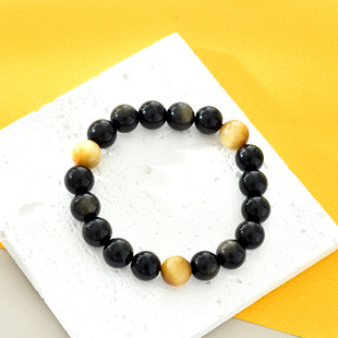 狮子星座摩羯座幸运石单圈天然黑曜石虎眼石男士手串男生手链学生