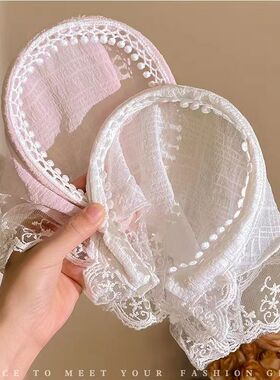 蕾丝三角发箍周也同款头巾女田园风白色花边头饰法式包头方巾新款