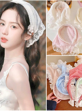 周也同款蕾丝三角头巾发箍女田园风白色花边头饰法式包头方巾新款