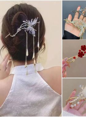 蝴蝶发夹扭扭夹女后脑勺盘发鹿角一字夹抓夹气质流苏花朵毛球发卡