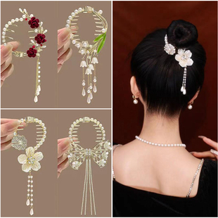 丸子头盘发夹子古风铃兰花抓夹女汉服流苏马尾扣后脑勺发夹扣头饰