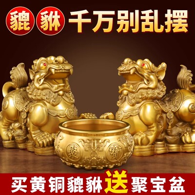 铜貔貅招财摆件一对公母纯黄铜旺财皮丘貔犰客厅店铺办公室聚宝盆