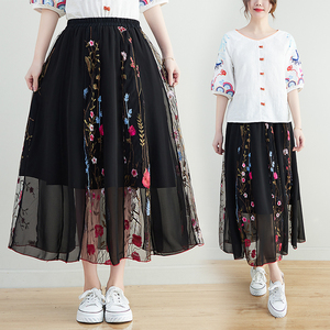 RM24858#复古民族风刺绣半身裙 春夏女气质中长裙 网纱绣花大摆裙女