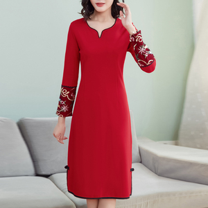 RM24868#复古绣花连衣裙女中长款修身显瘦改良旗袍裙女打底女裙子