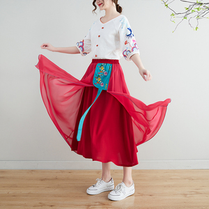 RM24859#春夏民族风女装半身裙文艺复古中国风雪纺绣花大摆中长裙女