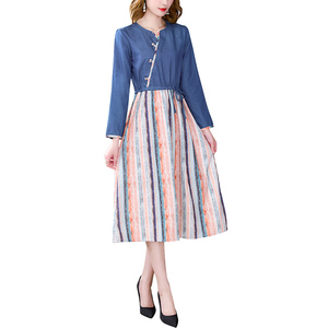 RM24871#牛仔撞色拼接连衣裙宽松大摆收腰显瘦复古盘扣中长款裙女