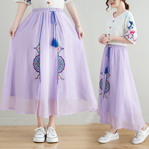 RM24861#春夏民族风女装复古中长绣花裙女流苏绑带纱裙半身大摆裙女