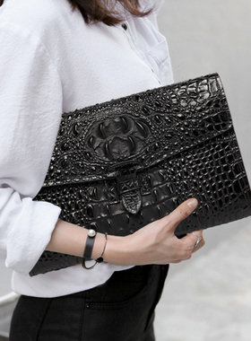 综古斯欧美信封包头层牛皮手拿包鳄鱼纹晚宴大容量手抓包女士夹包