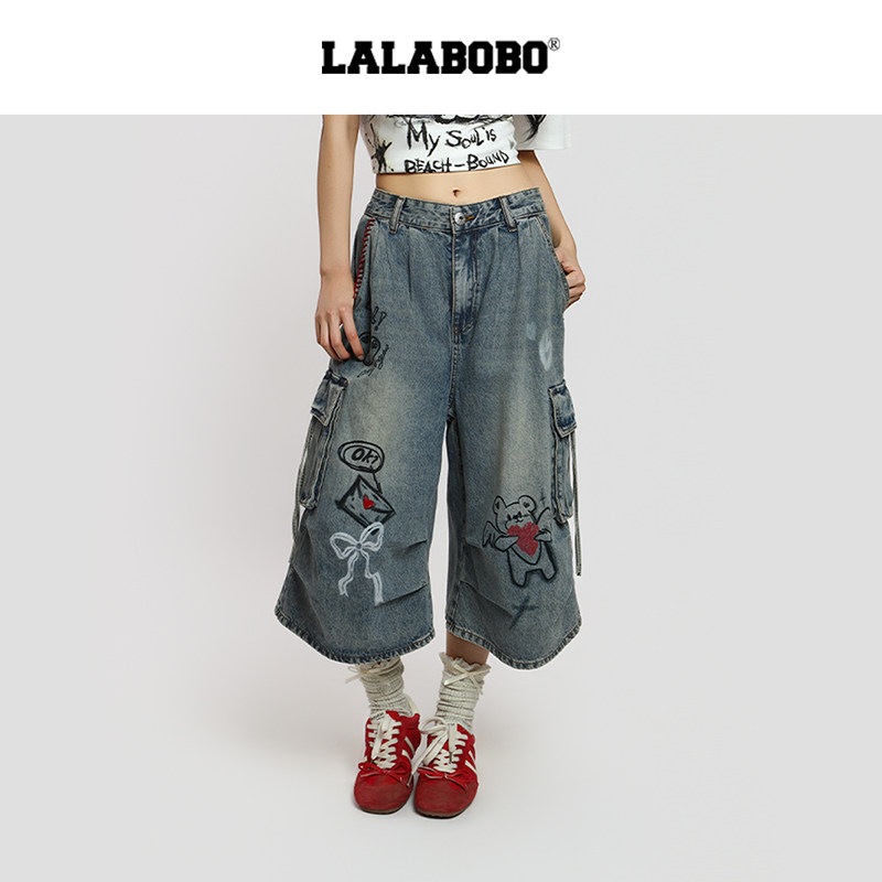 【拥抱爱】LALABOBO七分牛仔裤26年夏新潮原创高街涂鸦显腿
