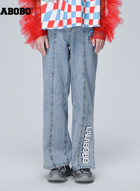 LALABOBO秋季新品可爱时尚复古熊兔高腰直角牛仔长裤|LBCA-WXZC32