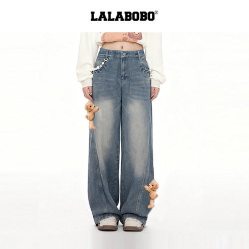 LALABOBO付思超小熊牛仔裤
