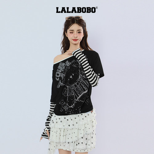 LALABOBO线条熊假两件长袖T恤