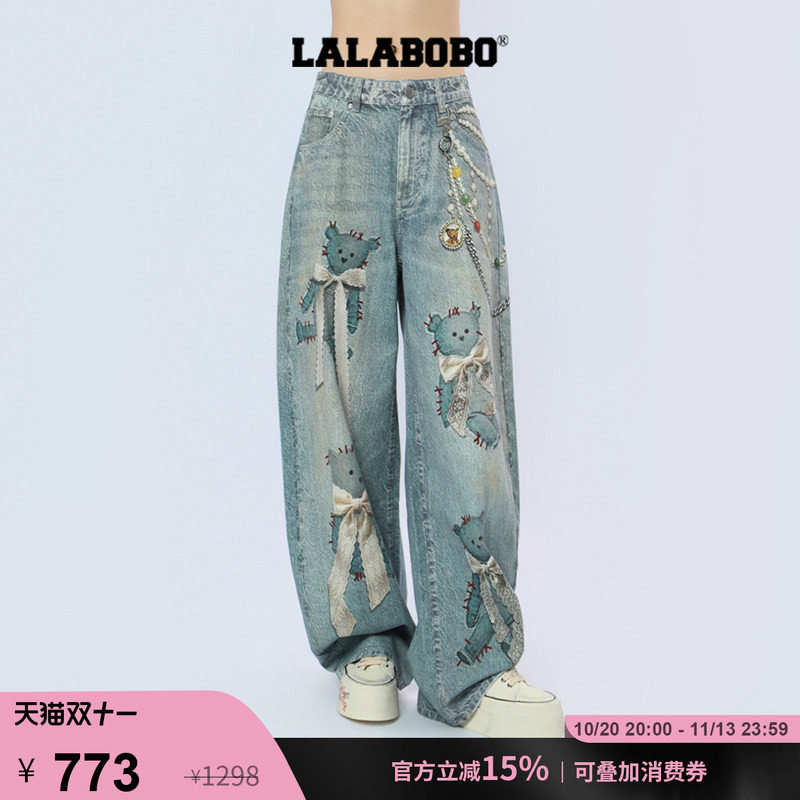 LALABOBO蝴蝶结阔腿牛仔裤
