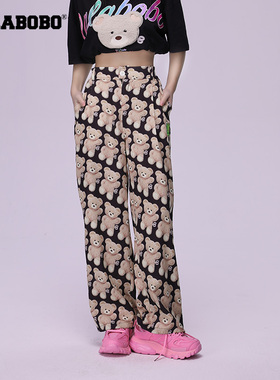 LALABOBO秋季新款高腰毛毛熊满印阔腿梭织休闲长裤女|LBCB-WXZC12
