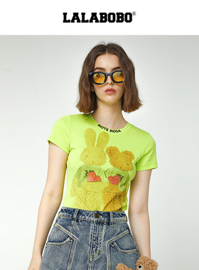 LALABOBO25春季新款可爱休闲百搭宽松熊兔高领短袖T恤女RBDB-DT18