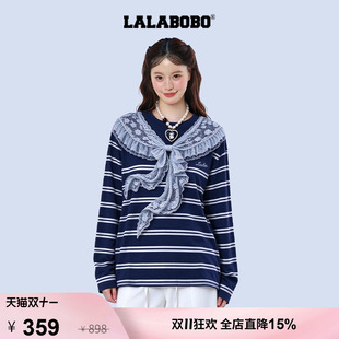 【乖张自渡】LALABOBO假两件长袖T恤26秋冬新潮拼接纯棉条纹上衣
