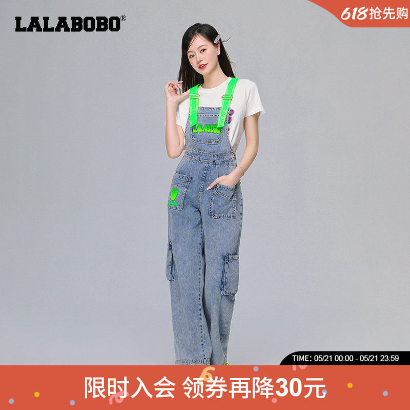 LALABOBO秋季新品款热成像熊字母灯笼牛仔背带长裤女|LBC
