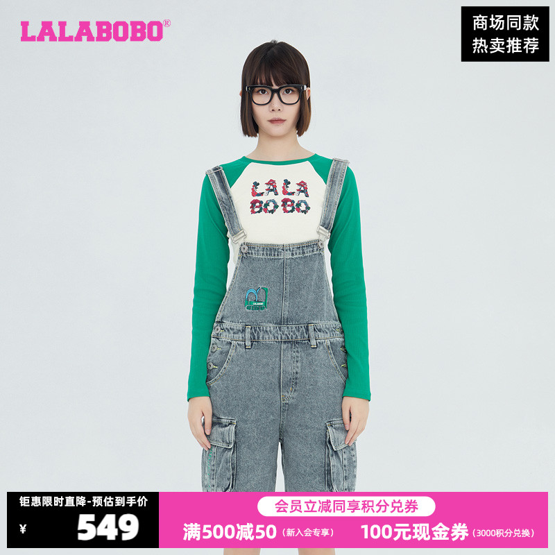 LALABOBO春夏新品复古运动背带直角牛仔连体五分裤女|LBCB-WL