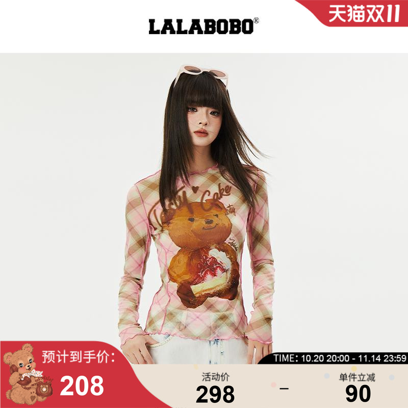 【商场同款】LALABOBO25年夏长袖T恤女原创新小熊印花网纱皮肤衣