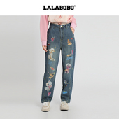 原创印花显瘦直筒通勤裤 26年夏新款 LALABOBO牛仔裤 子 商场同款