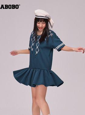 LALABOBO秋季新品海军风蝴蝶结A型针织短袖连衣身裙|LBCA-WLZY19