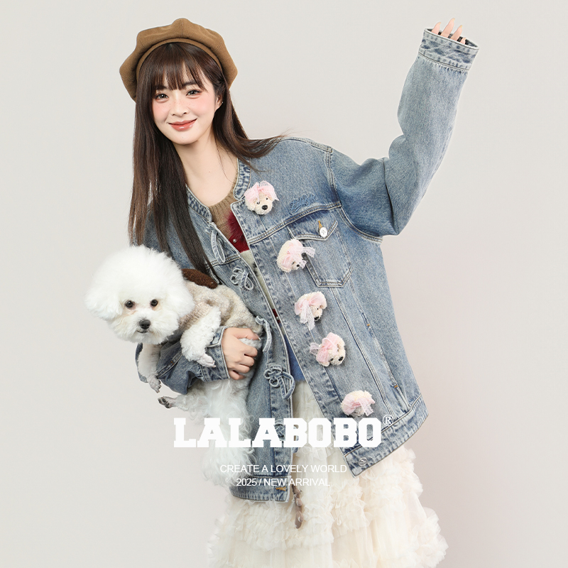 LALABOBO立体熊圆领牛仔夹克