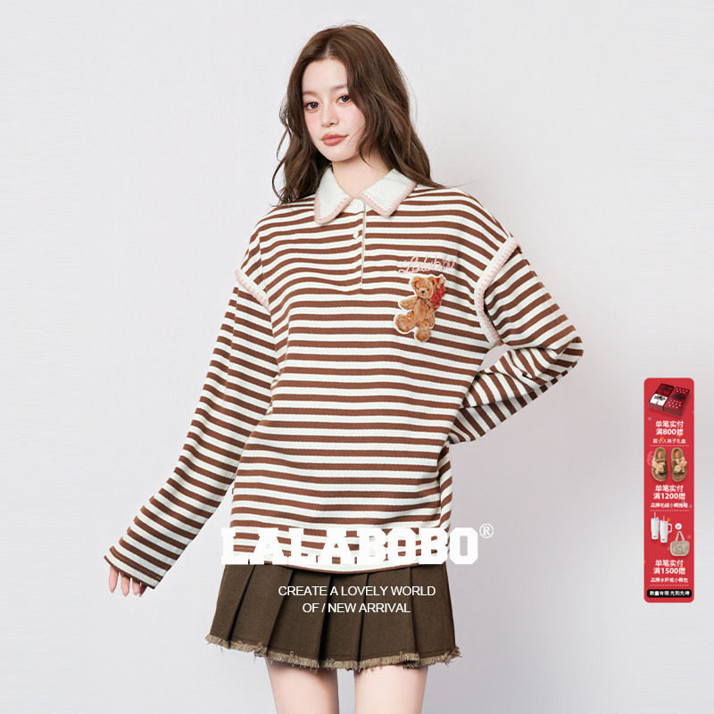 【唐九洲同款】LALABOBOT恤卫衣25年秋原创条纹巨好看假两件外套,女装/女士精品,T恤,淘宝优惠券,粉丝福利购,淘宝优惠卷