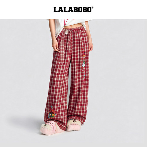 LALABOBO拼豆格子梭织裤