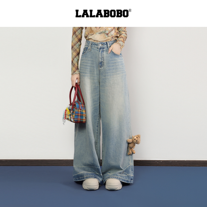 LALABOBO苏新皓渐变压褶牛仔长裤