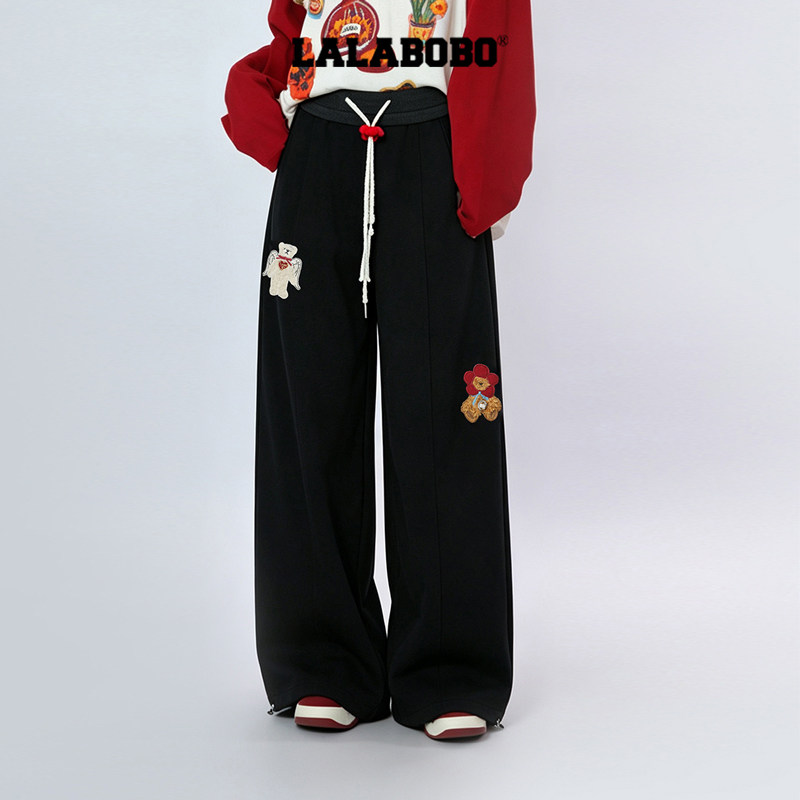 LALABOBO复古织章小熊卫裤