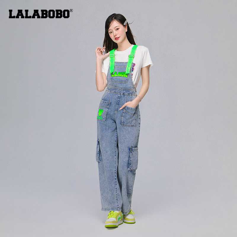 LALABOBO秋季新品款热成像熊字母灯笼牛仔背带长裤女|LBCA-WLZT16