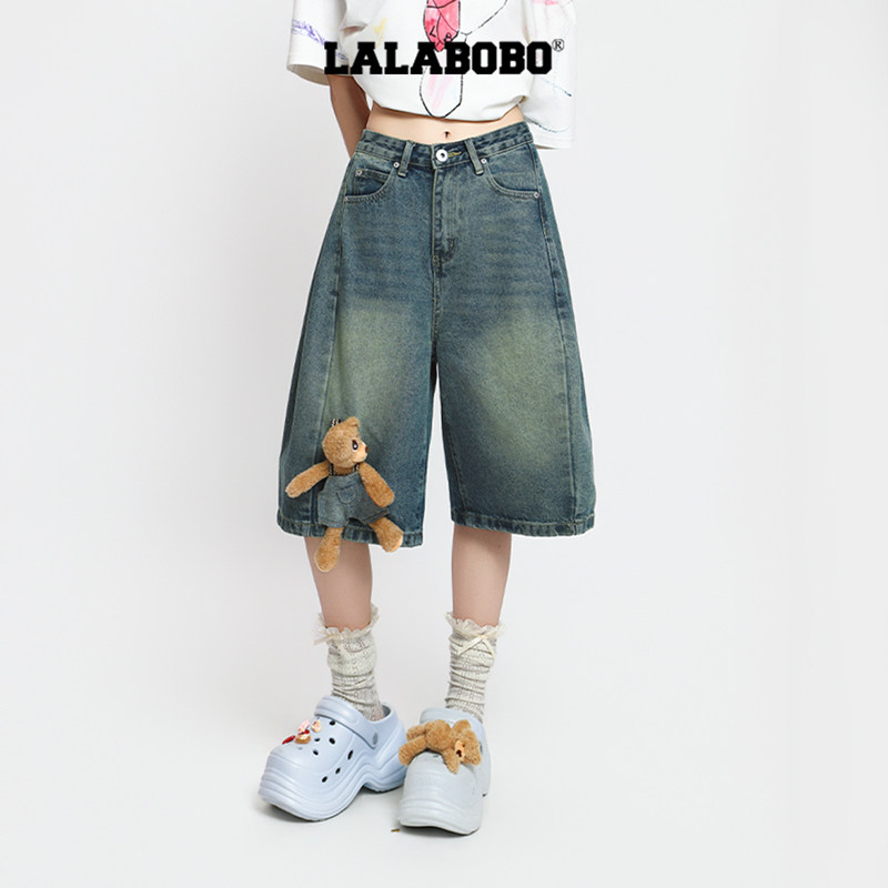 李小冉同款玩偶小熊LALABOBO牛仔短裤26夏新直筒五分裤显腿长裤子