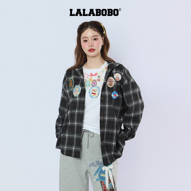 LALABOBO徽章格子衬衫