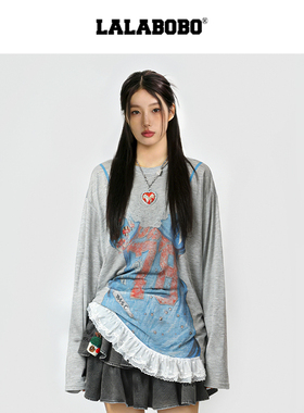 【视错】LALABOBO假两件T恤26年夏夏原创高级感高街长袖印花上衣