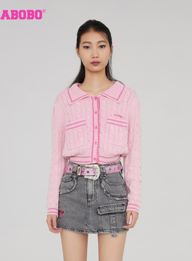 慵懒风LALABOBO秋季新品可爱风翻领短款开衫毛织女|LBCC-WSTM38