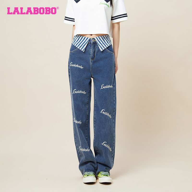 LALABOBO字母刺绣直筒牛仔裤