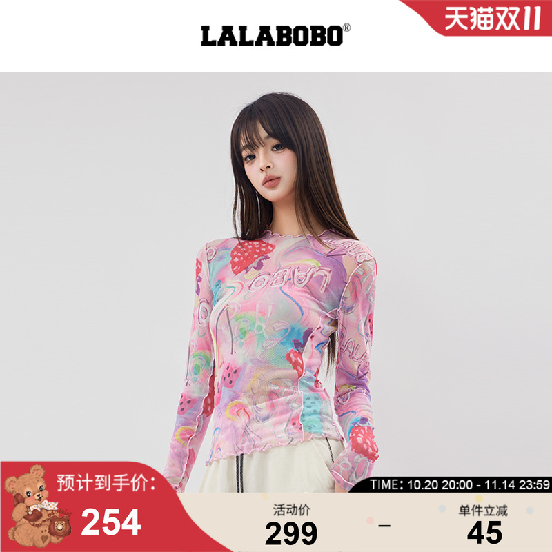 【商场同款】LALABOBO25年春夏新款T恤女潮长袖网纱印花皮肤衣