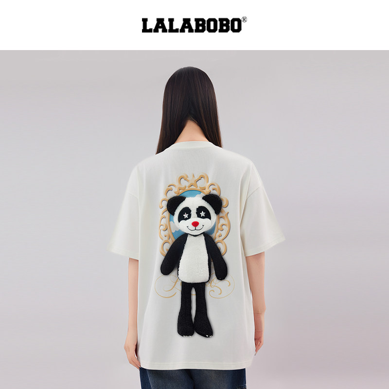 LALABOBO付思超熊猫图案短袖T恤