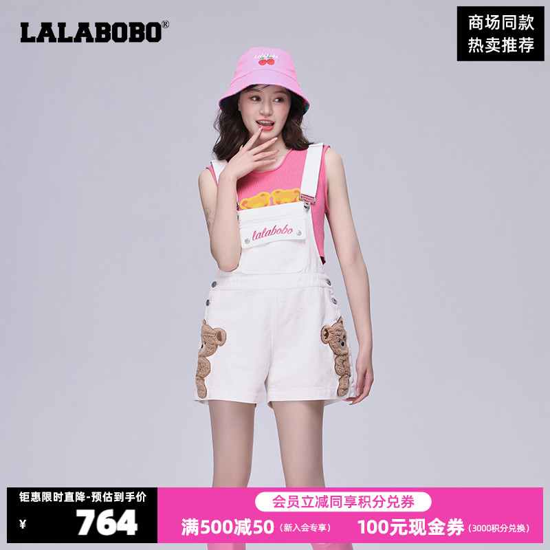 LALABOBO春夏新品可爱毛毛熊A型牛仔背带三分短裤女|LBCB-WL