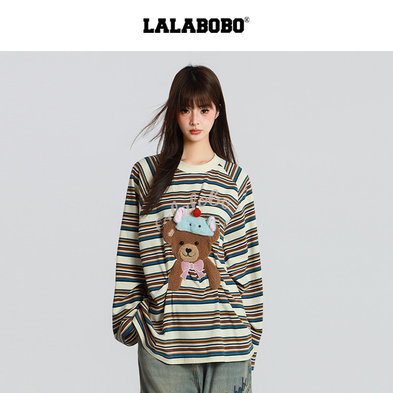 【商场同款】LALABOBO撞色卫衣26年春新潮原创慵懒风圆领条纹上衣