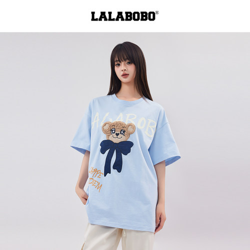 LALABOBO小熊蝴蝶结字母T恤