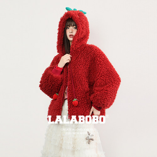 LALABOBO草莓帽子毛绒外套