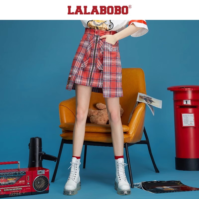 新品原创高腰显瘦a字格纹短裙