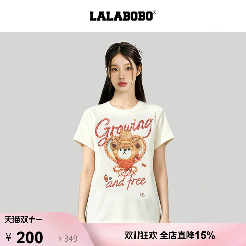 【西部小熊】LALABOBO短袖T恤26年夏新潮原创复古风印花修身上衣