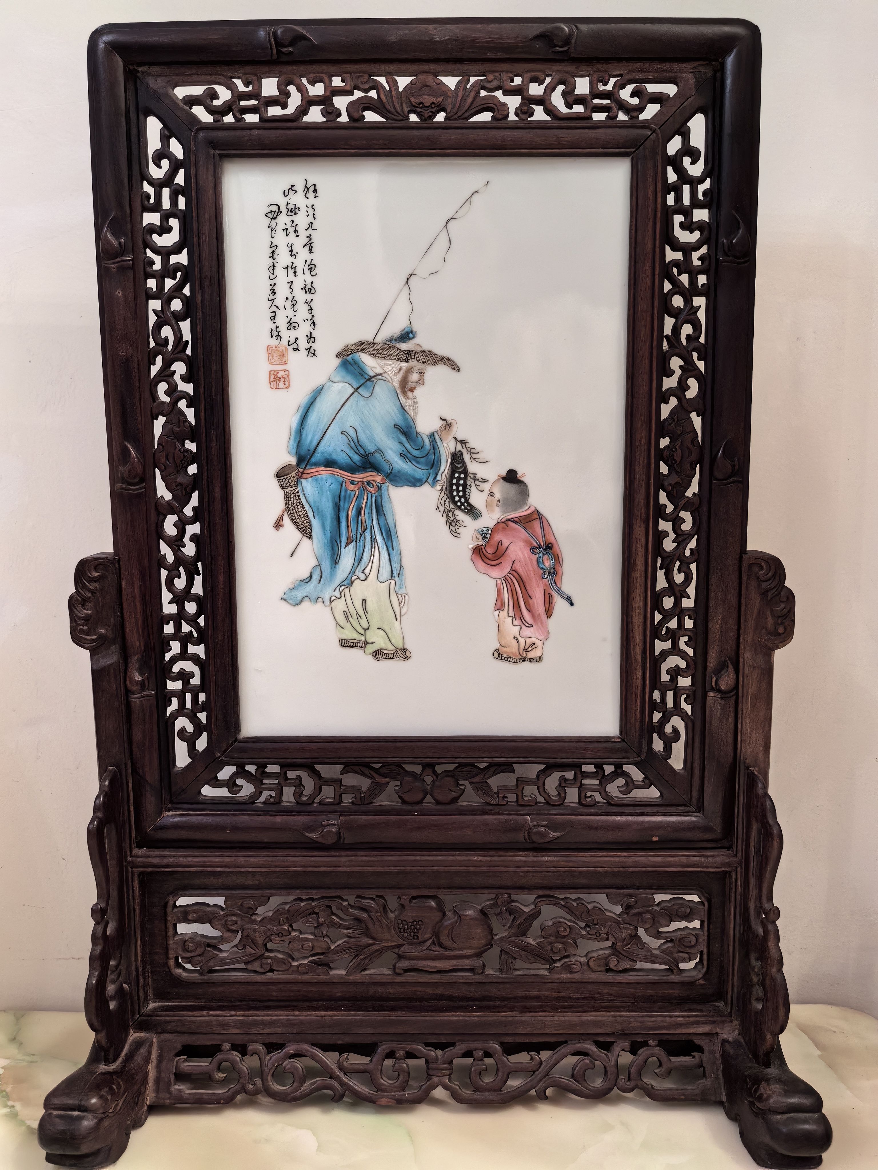 瓷板画古董珠山八友王琦瓷板画大红酸枝木框