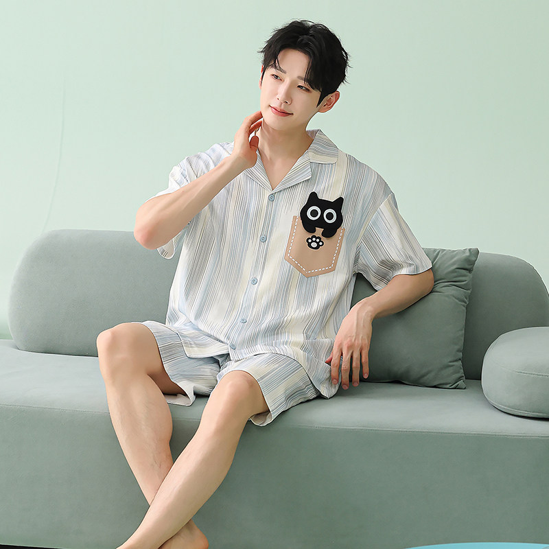 纯棉睡衣男款2026新款夏季条纹黑猫短袖短裤可外穿男士家居服套装